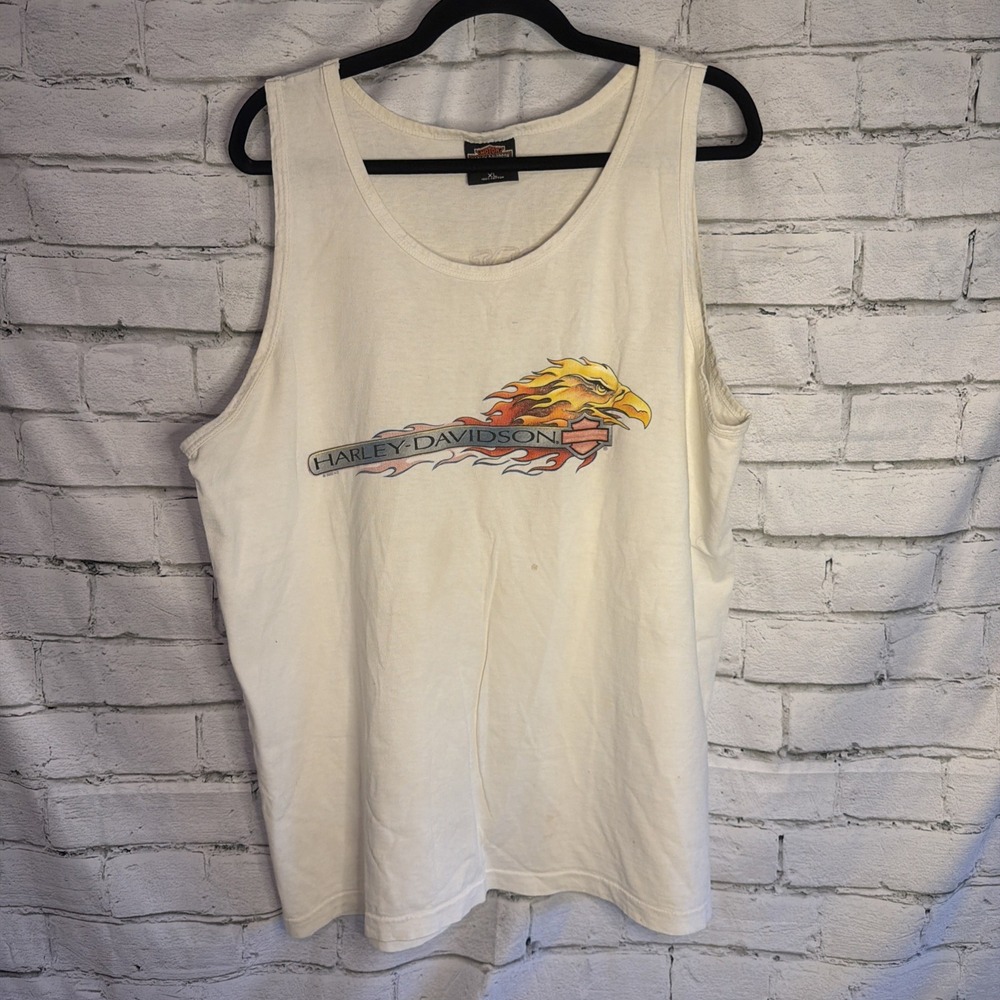 Vintage 2000 Harley Davidson Mason City Iowa Eagle Flame Tank Top Mens XL White